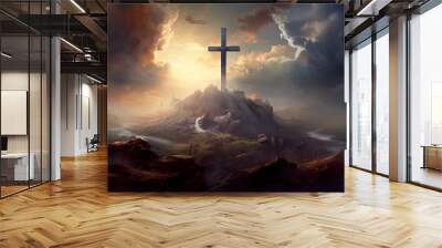 Silhouette Holy cross concept symbol on top mountain Resurrection background with sunlight Wall mural